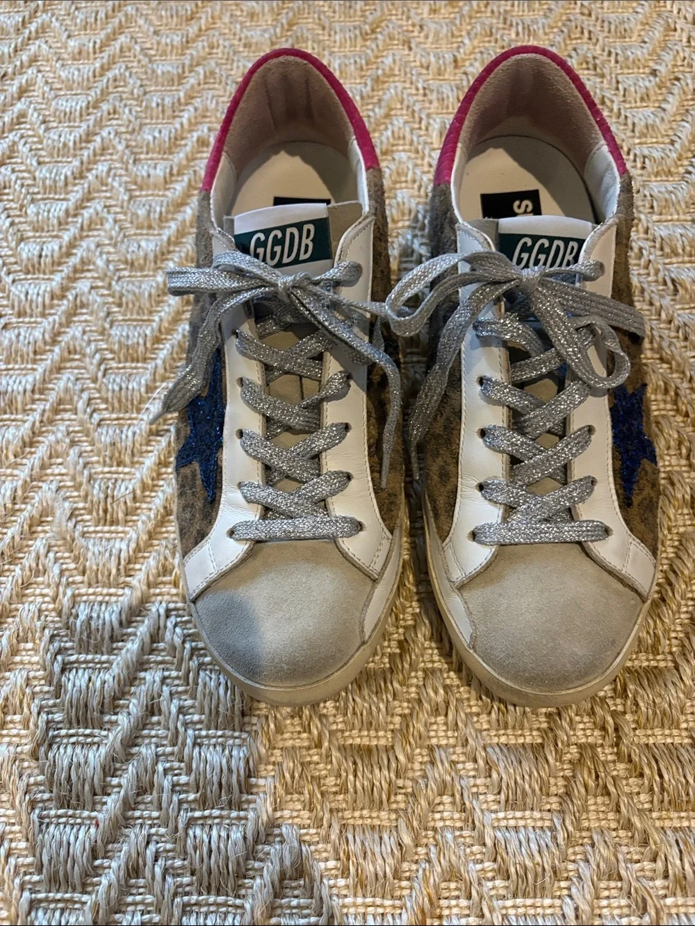 Golden Goose Leopard Print Sneakers with Blue Star Accent